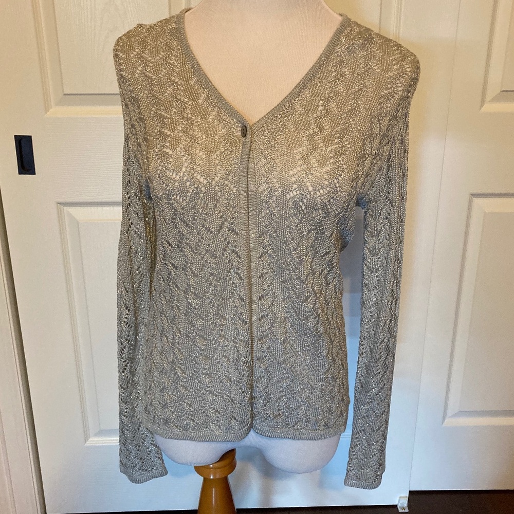 White and Warren Silver Lightweight Cardigan Sweater S
